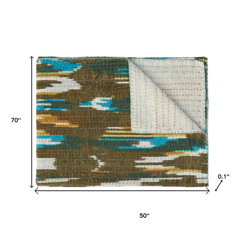 HomeRoots 50" X 70" Brown And Blue Ikat Cotton Quilted Kantha Throw Blanket with Embroidery image number 4