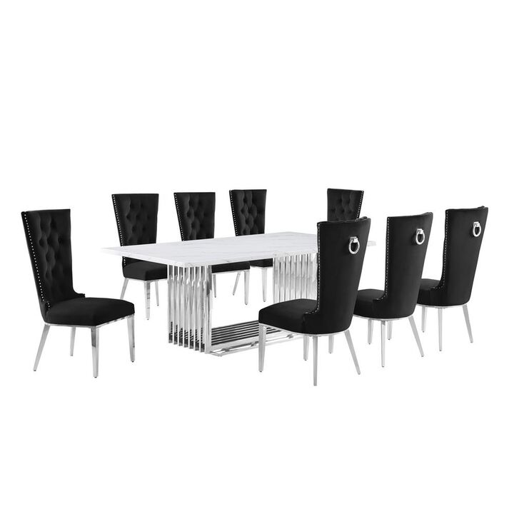 9pc Large(79") marble top dining set with silver base and 8 Black side chairs