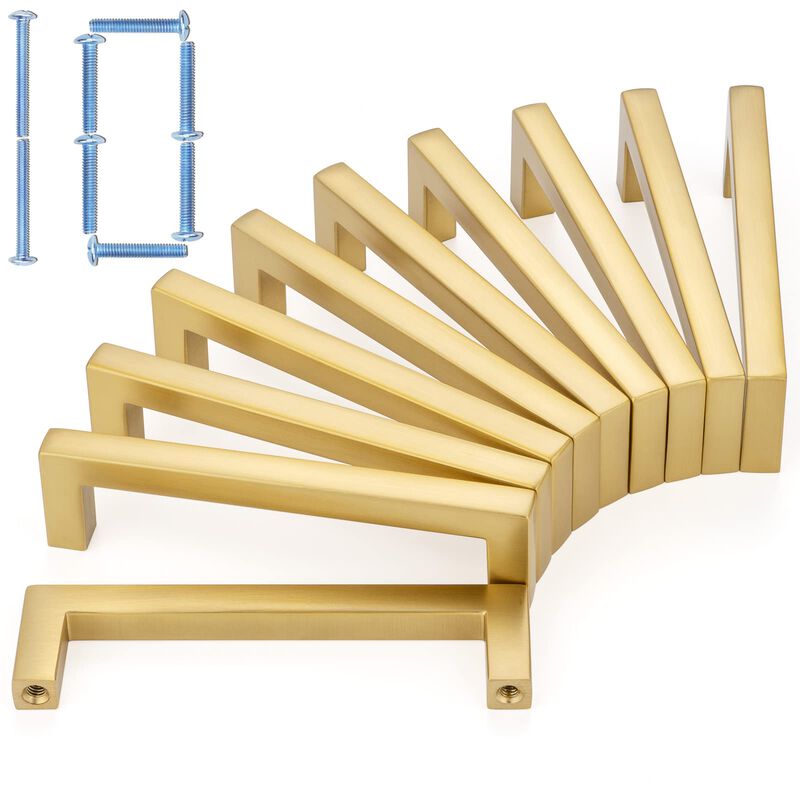KOOFIZO Solid Square Bar Cabinet Handle - Brushed Gold Furniture Pull, 3.8 Inch/96mm Screwhole Distance, 10-Pack for Kitchen Cup