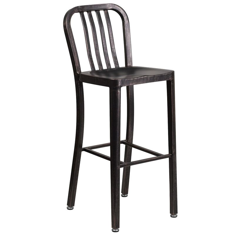Flash Furniture Commercial Grade 30" High Black-Antique Gold Metal Indoor-Outdoor Barstool with Vertical Slat Back image number 0