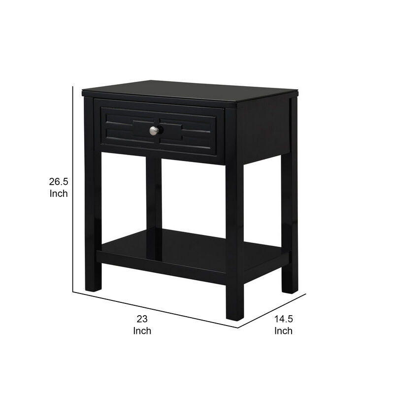 Fimo 27 Inch Nightstand with Drawer and Shelf, Glass Top, Modern Black Wood - Benzara
