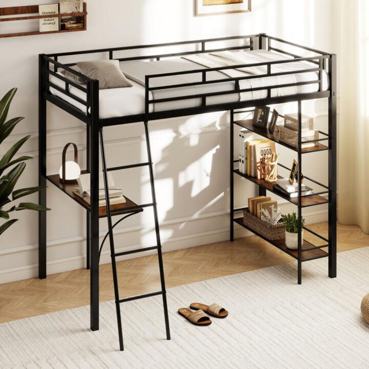 Hivvago Twin Size Loft Bed with Desk and Shelves for Kids and Home-Black