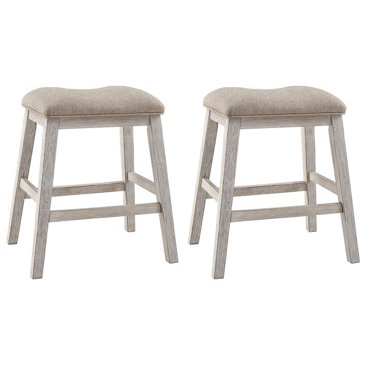 Fabric Upholstered Stool with Angled Legs, Set of 2, Beige-Benzara