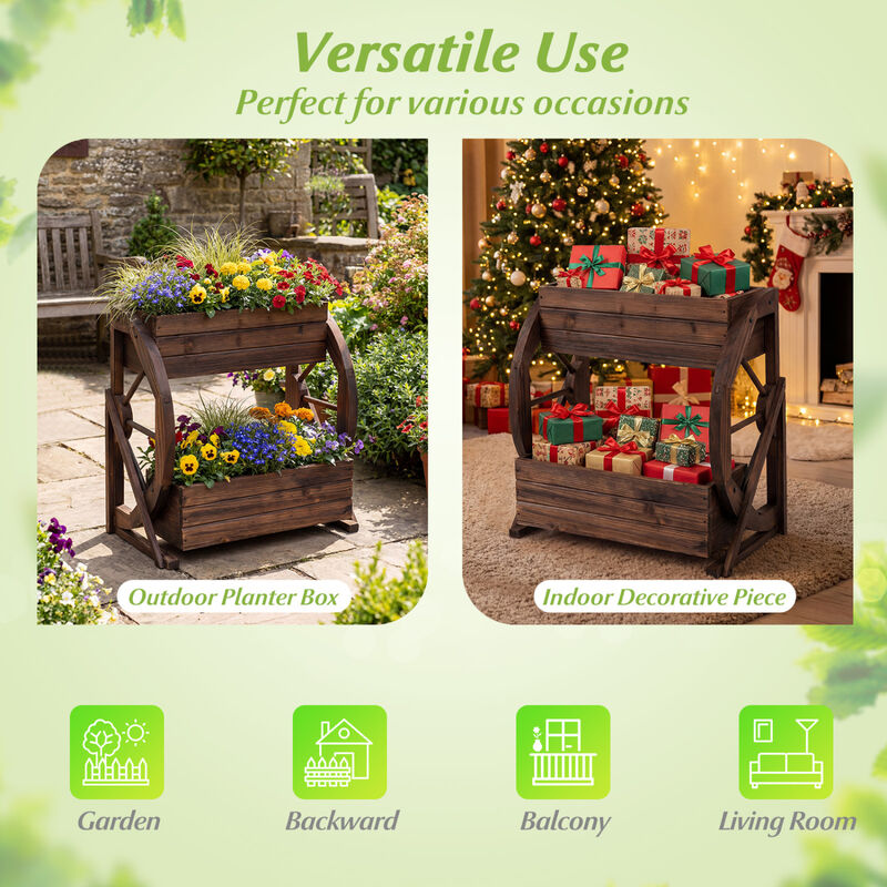 Coffee Rustic Wood 2-Tier Wagon Garden Bed with Drainage and Semi-Wheels image number 5