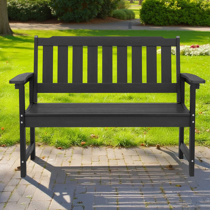 Weatherproof Outdoor Bench for 2-3 People Plastic Patio Bench with Backrest for Porch Yard-Black
