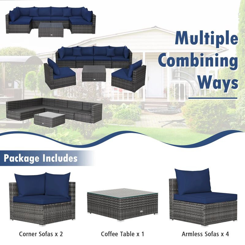 Mondawe 7 Pieces Patio Rattan Furniture Set with Sectional Sofa Cushioned