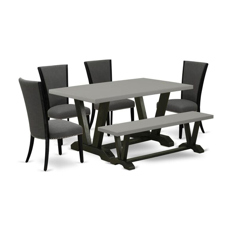 East West Furniture V696VE650-6 6 Piece Dining Room Set - 4 Dark Gotham Grey Linen Fabric Kitchen Chairs with Nailheads and Cement Wood Dining Table - 1 Mid Century Bench - Black Finish