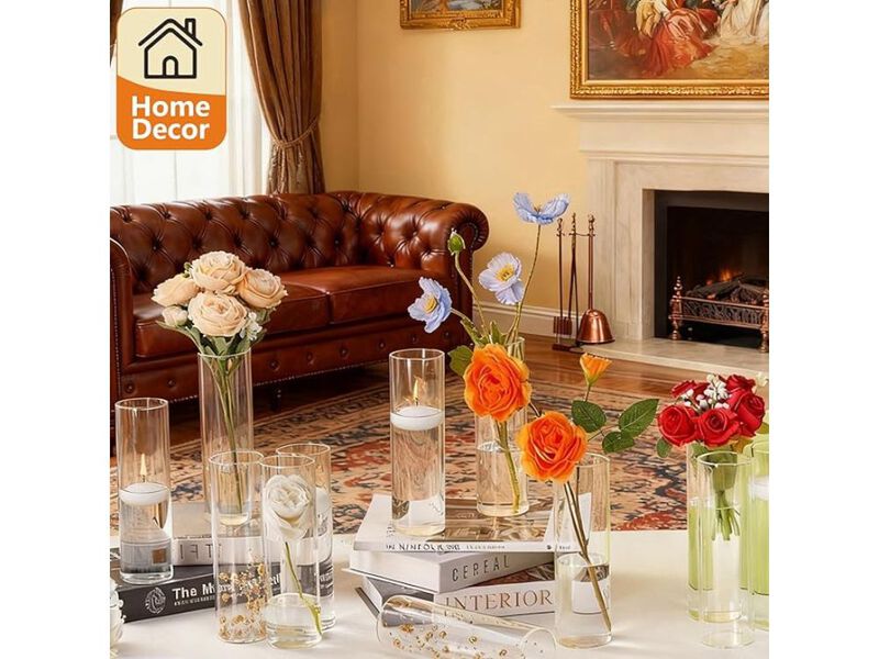 Set of 16 Clear Glass Bud Vases &ndash; 7.7" Cylinder Centerpieces & Floating Candle Holders image number 1