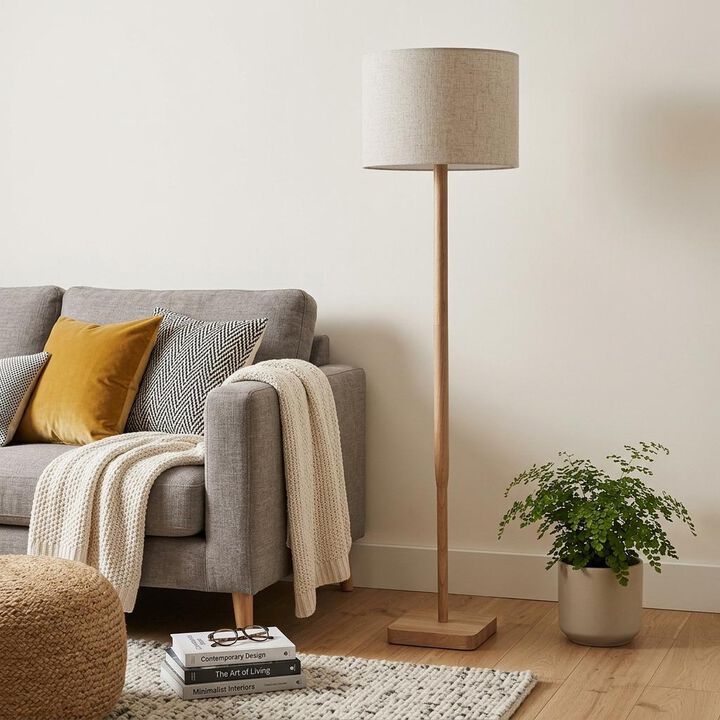 HomeRoots 59" Natural Solid Wood Floor Lamp With White Linen Drum Shade