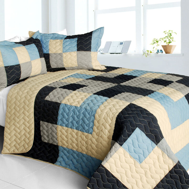Soft Queen Size Patchwork Quilt Set 3PC with Vermicelli Quilted Pattern-Multi color