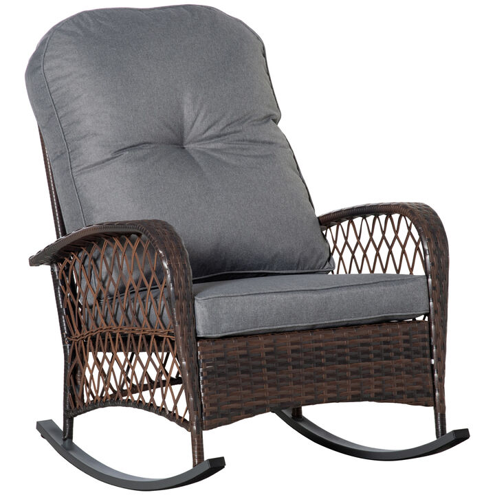 Outdoor Wicker Rocking Chair with Widen Seat, Thickened Cushion, Rattan Rocker with Steel Frame, High Weight Capacity for Garden, Grey