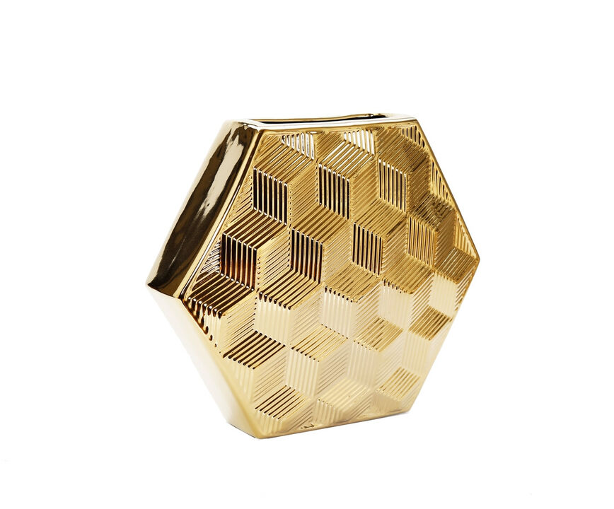 HomeRoots 13" Gold Geometric Ceramic Table Vase With Sculptural Details
