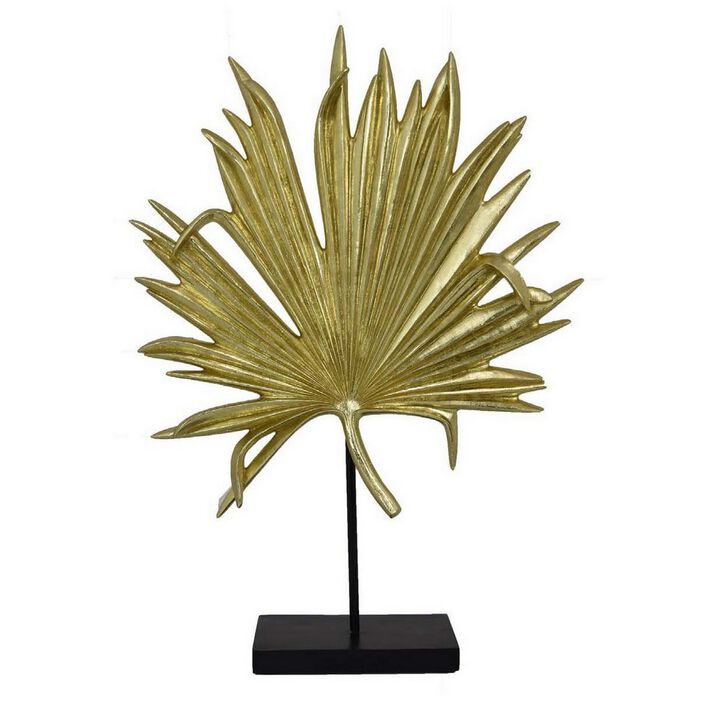 Menny 21 Inch Palm Leaf Resin Decorative Sculpture, Resin Gold Finish - Benzara
