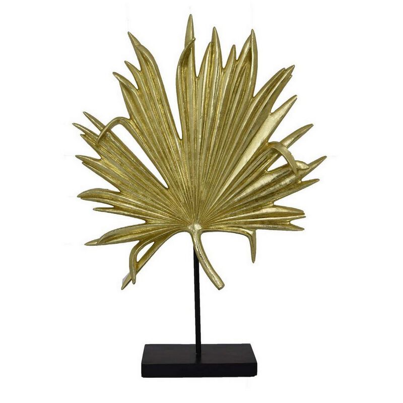 Menny 21 Inch Palm Leaf Resin Decorative Sculpture, Resin Gold Finish - Benzara
