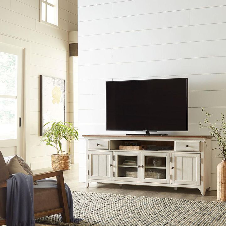 Liberty Furniture Farmhouse Reimagined Entertainment TV Stand in Antique White w/ Chestnut Top