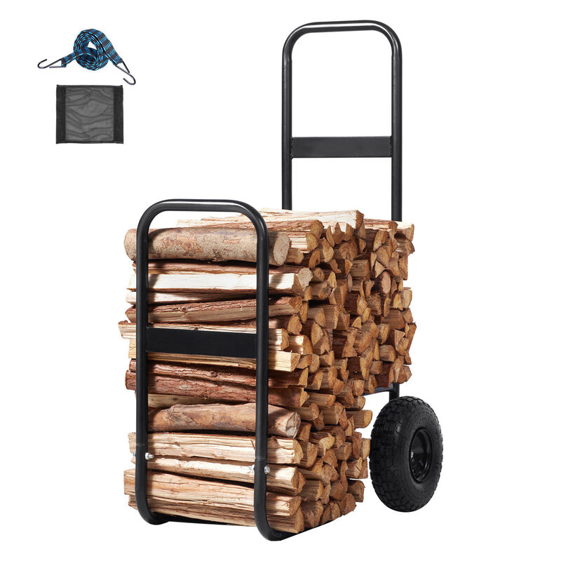 Firewood Log Cart with Pneumatic Wheels and 250 lb Capacity for Indoor or Outdoor Use