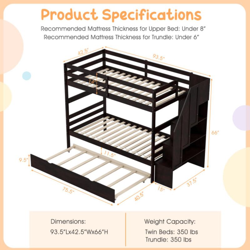 Hivvago Home Wood Bunk Bed with Guard Rail and 4-step Storage Stairs No Box Spring Needed