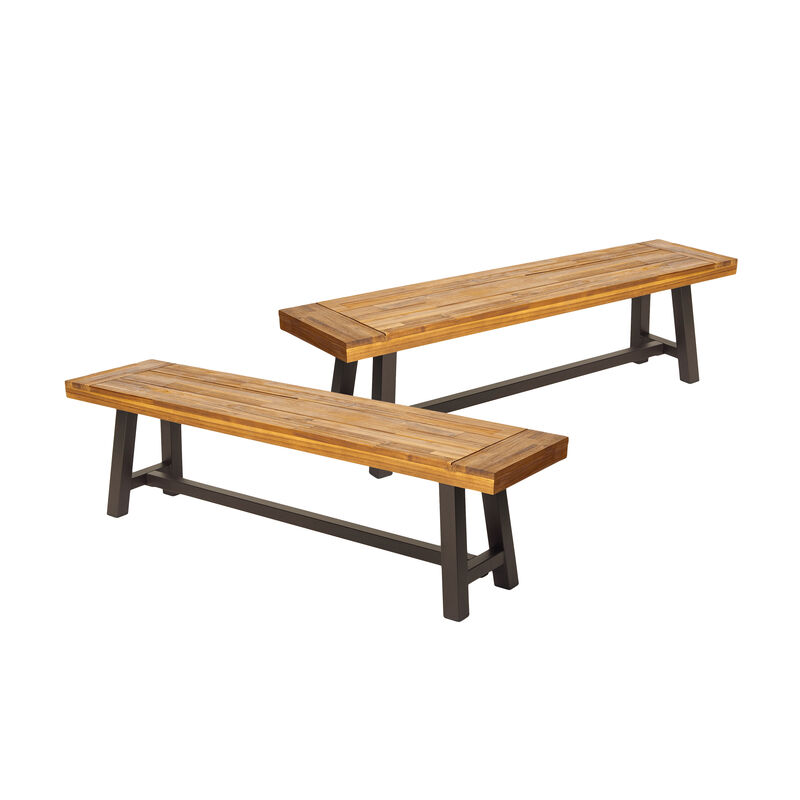 Leslee Outdoor Bench Set of 2, Light Brown Wood, Black Metal, 63 Inch - Benzara