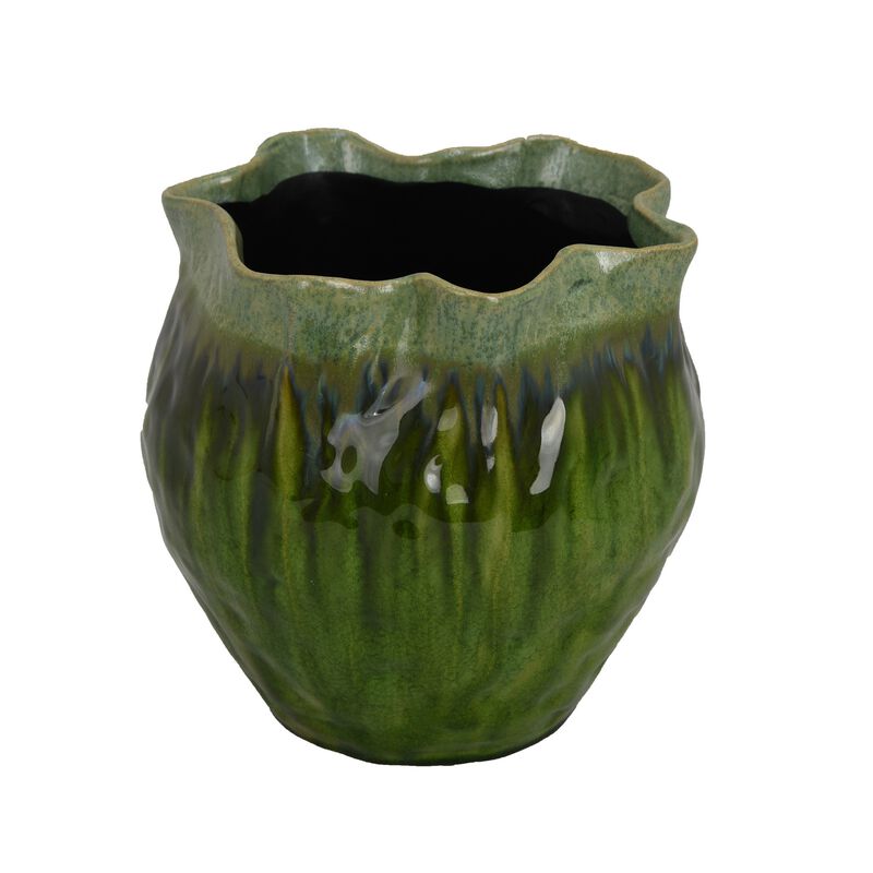 Balie Accent Vase, Green Ceramic Irregular Top Edge, Modern 10 Inch - Benzara