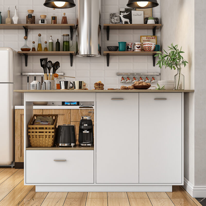 White/Oak Wood 59.1 in. W Kitchen Island Dining Table With Adjustable Shelves and Drawer