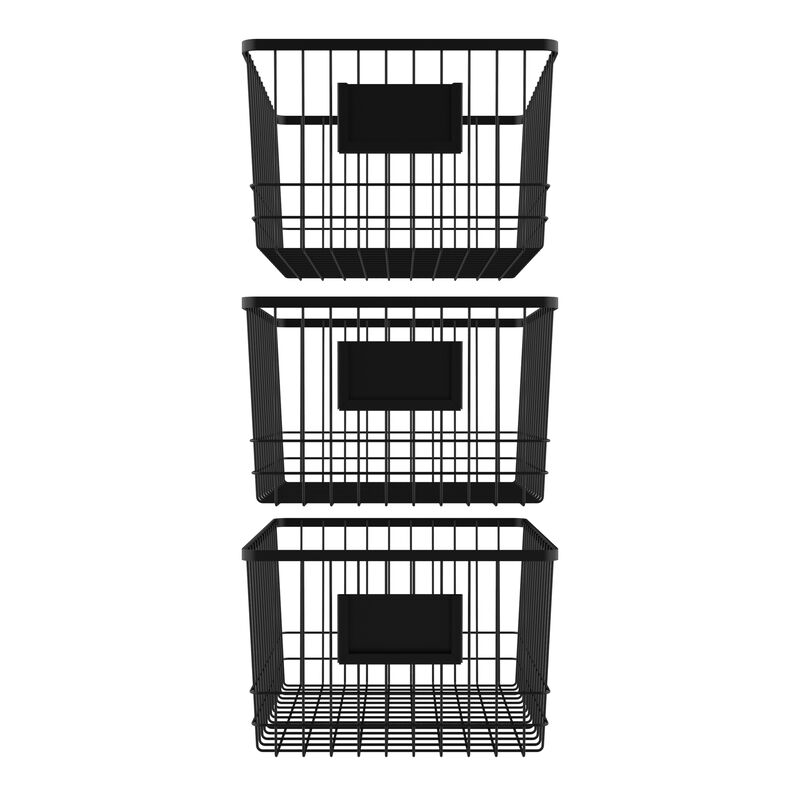 Oceanstar Metal Wire Organizer Bin Basket with Card Holder, Set of 3, Black