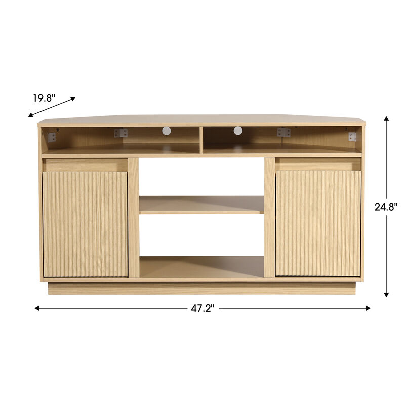 47" Modern Natural Oak Wood Fluted Door Corner TV Stand Media Console with Open Shelf and Cabinet for TVs up to 50" image number 5