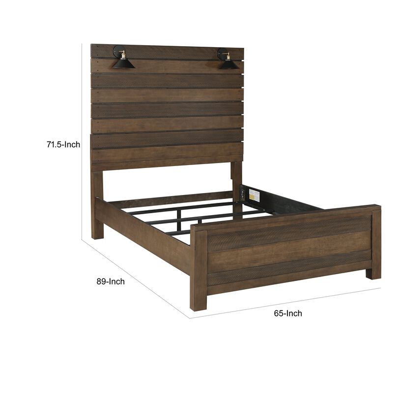 Aco Queen Size Bed, 2 Lampshades, Slatted Headboard, LED Lights, Brown - Benzara