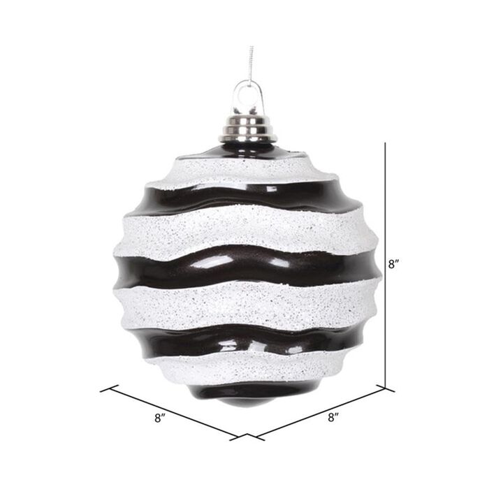 Vickerman 8" Christmas Ornament Wave Ball, Black and White Stripe Candy Finish with Glitter Accents, Shatterproof Plastic, Holiday Christmas Tree Decoration