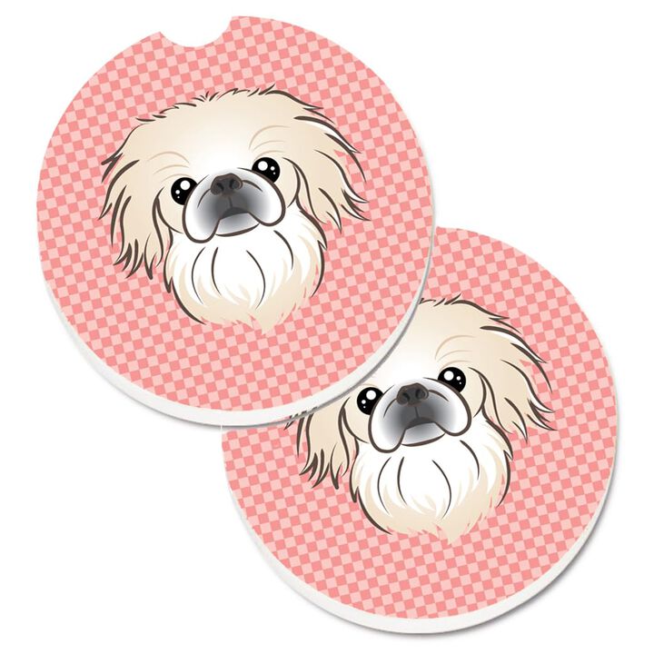 Caroline's Treasures Checkerboard Pink Pekingese Set of 2 Cup Holder Car Coasters BB1221CARC, 2.56, Multicolor