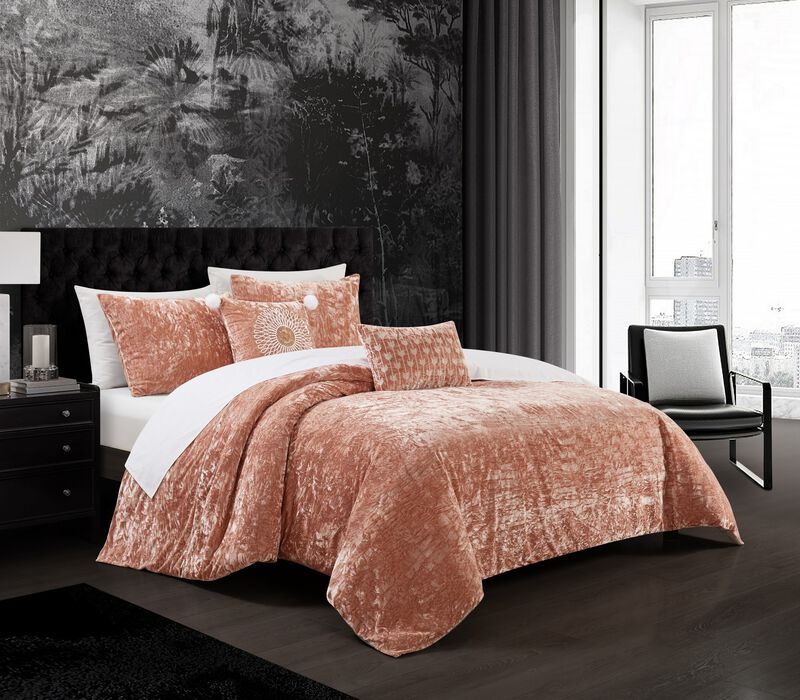 Chic Home Alianna Comforter Set Crinkle Crushed Velvet Bedding - Decorative Pillow Shams Included - 5-Piece - Queen 90x92", Blush
