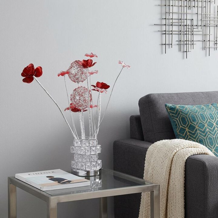 HomeRoots 21" Silver and Clear Metal and Faux Crystal Geometric And Roses Bedside Lamp