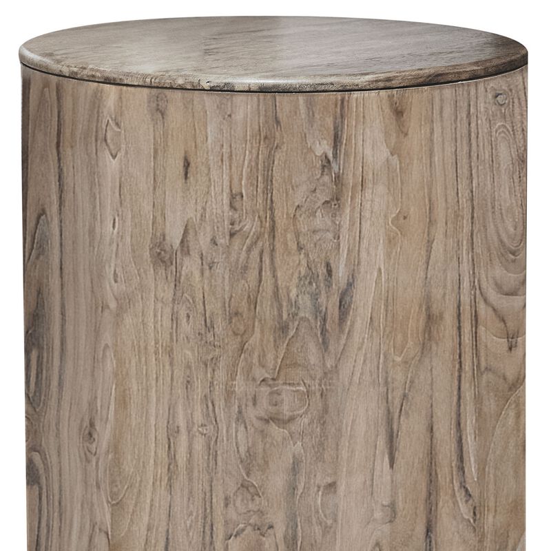 Eray Chairside Table, Drum Shape, Light Brown Teak, Mango Wood, 18 In image number 2