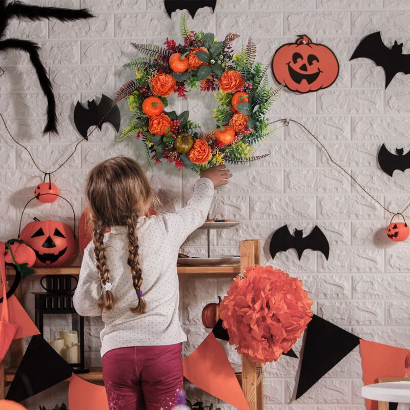 Halloween and Thanksgiving Autumn Wreath with Pumpkins and Fall Leaves image number 4