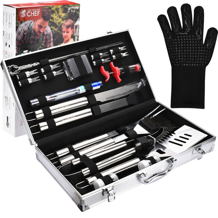 Commercial Chef BBQ Grilling Accessories - Weber Grill BBQ Accessories - BBQ Tools Set - Barbeque Smoker Accessories - For Tailgating, Camping Kitchen - Birthday Chef Grilling Gifts for Men (25 Piece)