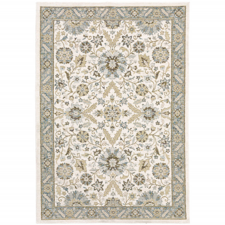 9 X 12 Stone grey Ivory green Brown Teal And Light Blue Oriental Power Loom Stain Resistant Area Rug
