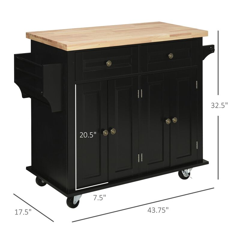 Black Kitchen Island: Cart with Varnished Rubberwood Top and Casters