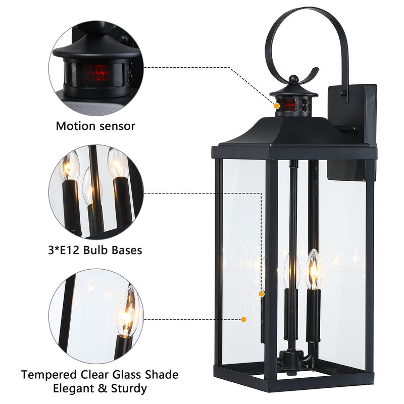 24 in. Modern Farmhouse Black 3-Light Dimmable Outdoor Wall Lantern with Clear Glass Shade image number 3