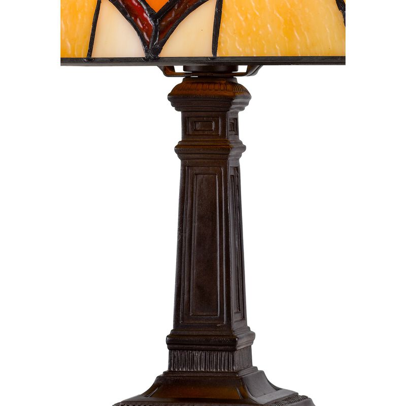 Eli 14 Inch Art Deco Accent Lamp, Square Tiffany Style Shade, Dark Bronze-Benzara