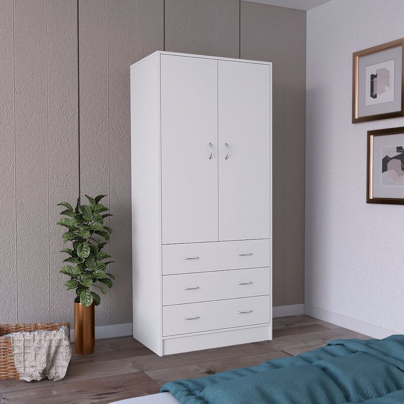 Armoire 71" H, with 2 doors, 3 drawers and 1 hanging rod, White