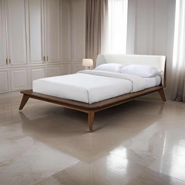 Linzy Queen Bed, Beige Boucle Upholstered Winged Edge, Brown Solid Wood - Benzara