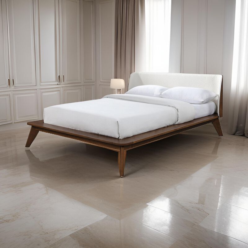 Linzy Queen Bed, Beige Boucle Upholstered Winged Edge, Brown Solid Wood - Benzara