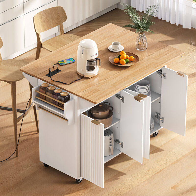 Whisen 55.5" Kitchen Island with 3 Drawers & 4 Doors, MDF Farmhouse Style for Kitchen & Dining Room image number 2