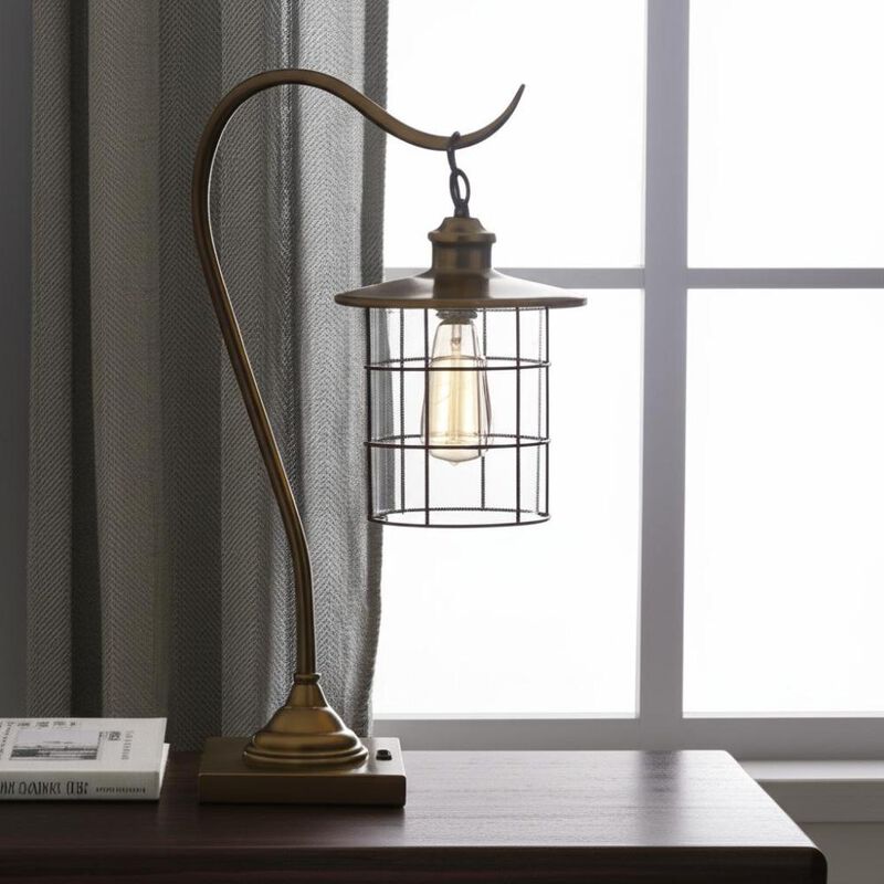 Hivvago 25" Antiqued Brass Metal Lantern Desk Lamp With Antiqued Brass Drum Shade