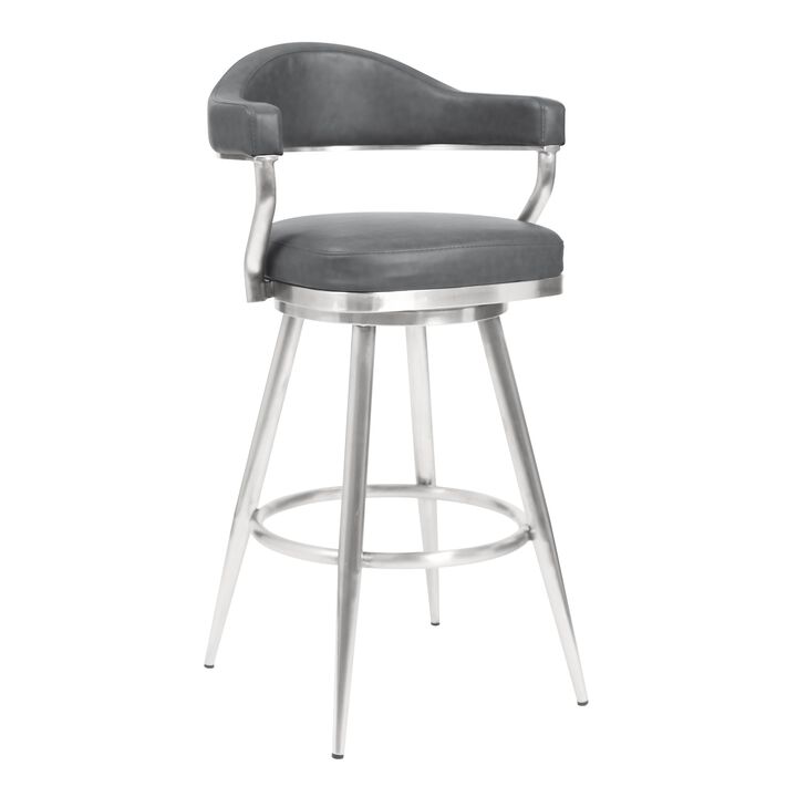 Knw 26 Inch Swivel Counter Stool Chair, Vintage Gray Faux Leather, Chrome - Benzara