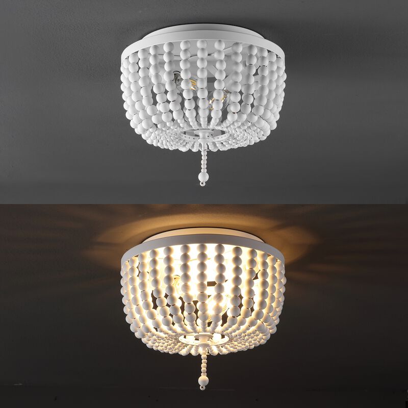 Allison 2-Light Shabby Chic Farmhouse Wood Beaded/Metal LED Flush Mount