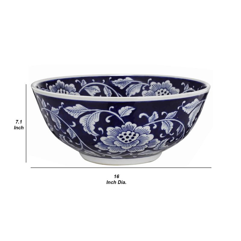 Round Ceramic Bowl with Floral Print, Set of 2, Blue And White, image number 4