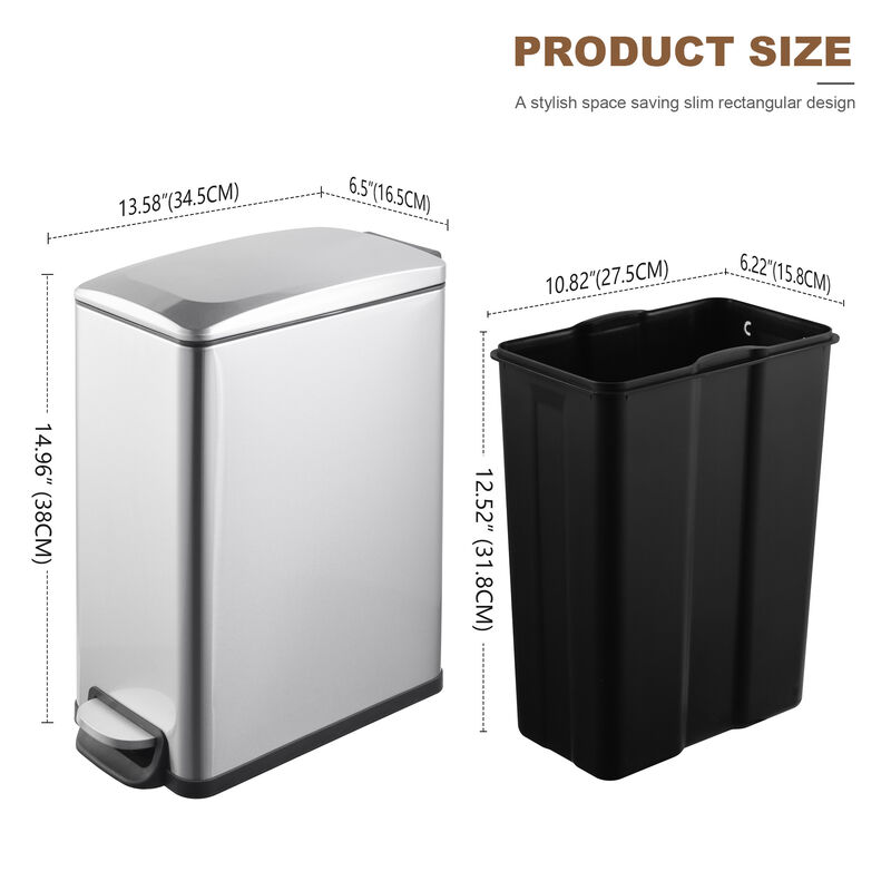 2.6 Gal./10 Liter Slim Stainless Steel Step-on Trash Can for Bathroom and Office image number 2