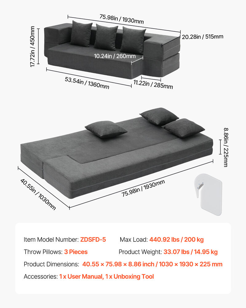 Folding Sofa Bed 3-in-1 Foldable Couch Bed with 3 Pillows Dark Grey Twin image number 6