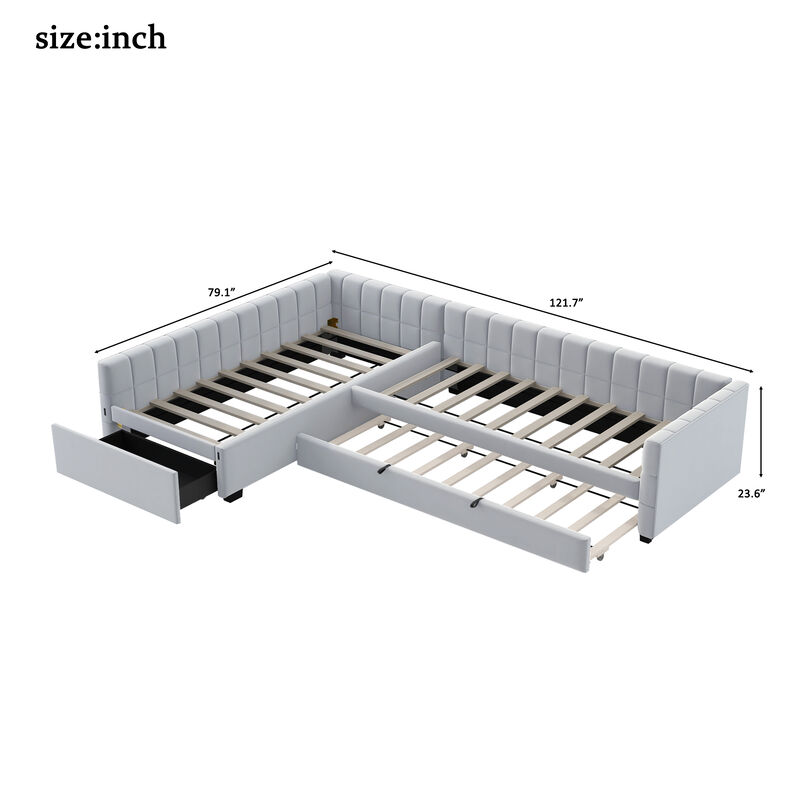 Merax L-Shaped Double Twin Upholstered Daybed with Trundle & Storage Drawer image number 4