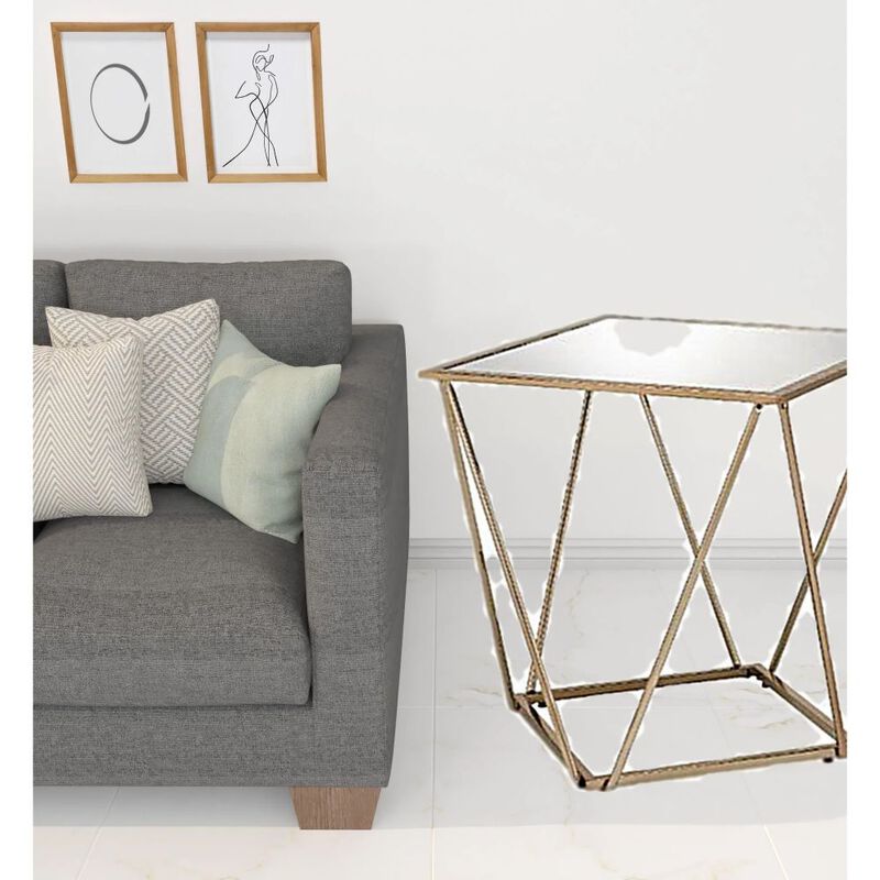 Homezia 24" Champagne And Silver Glass And Metal Square Mirrored End Table image number 2